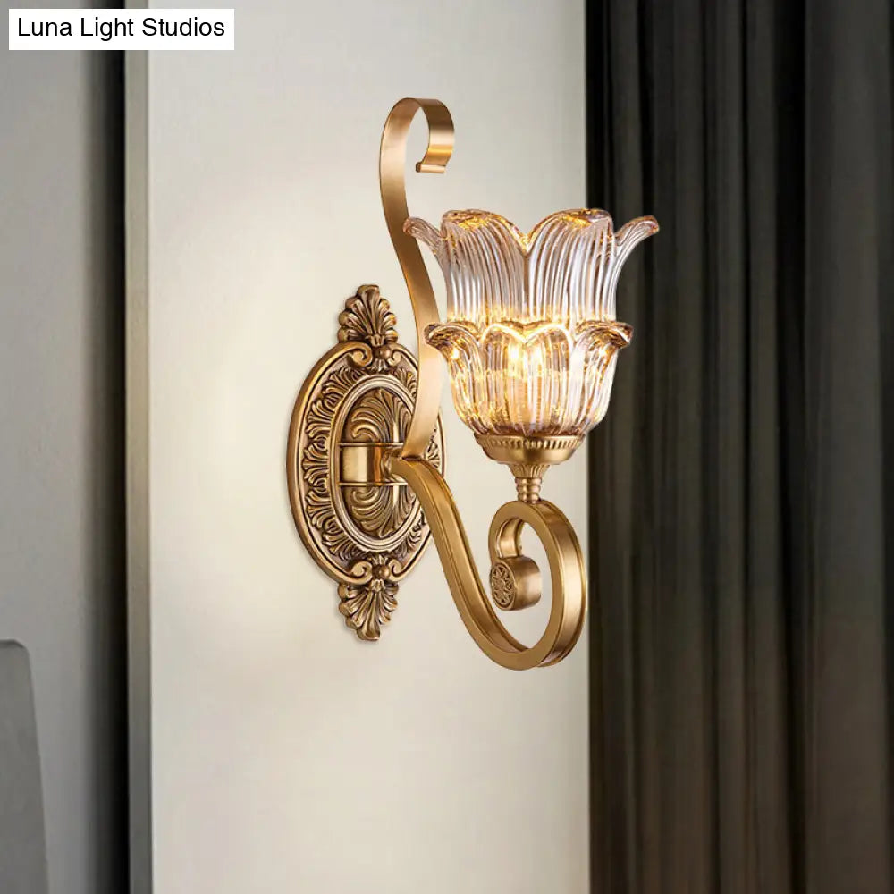 Country-Style Brass Wall Sconce With Crystal Glass Flower Accent And Swooping Arm - 1/2 Bulb Light
