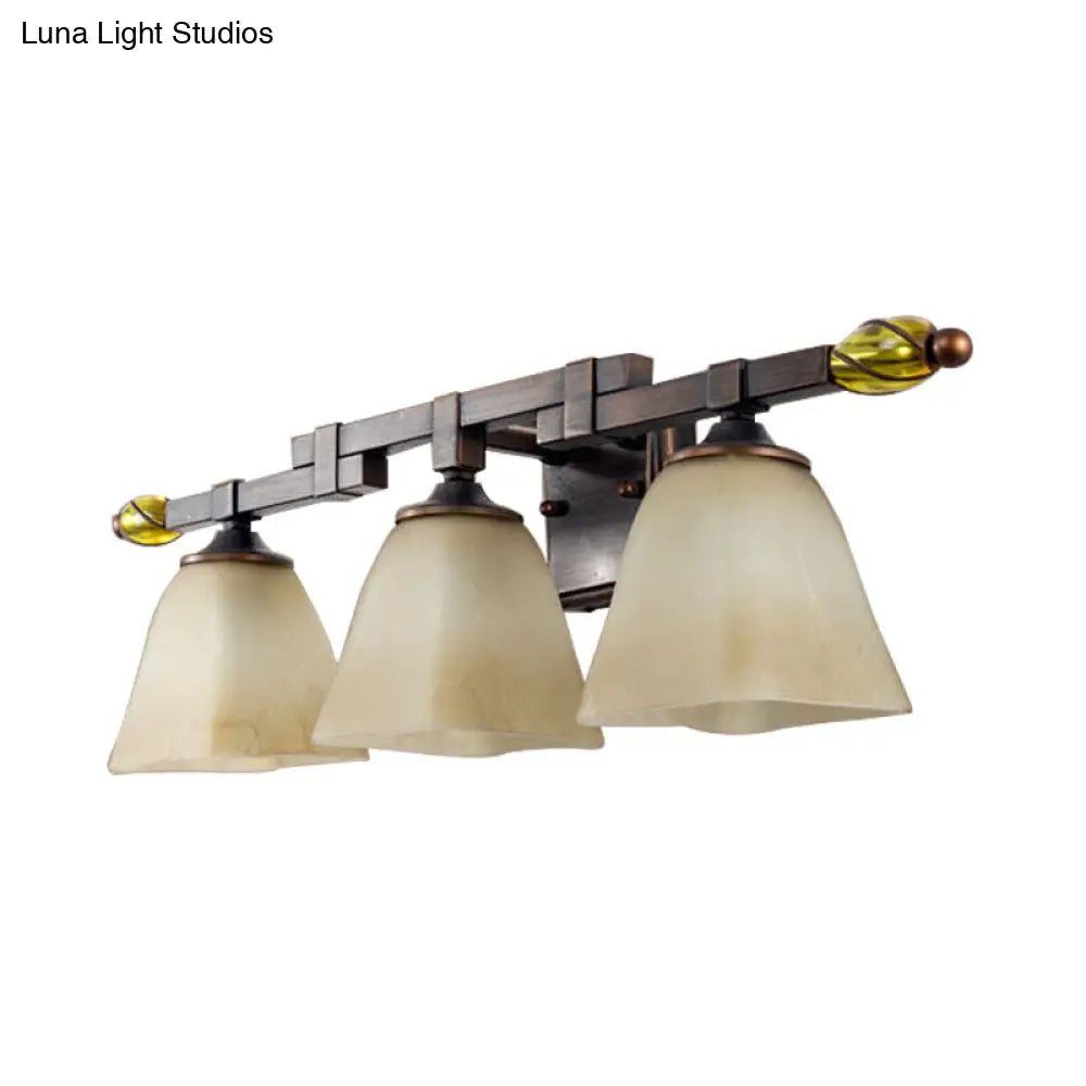Country Style Frosted Glass Brass Vanity Lamp With Paneled Bell Design - 2/3 Lights Wall Sconce For