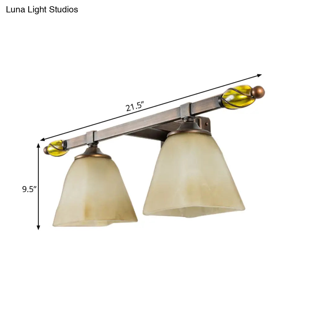 Country Style Frosted Glass Brass Vanity Lamp With Paneled Bell Design - 2/3 Lights Wall Sconce For