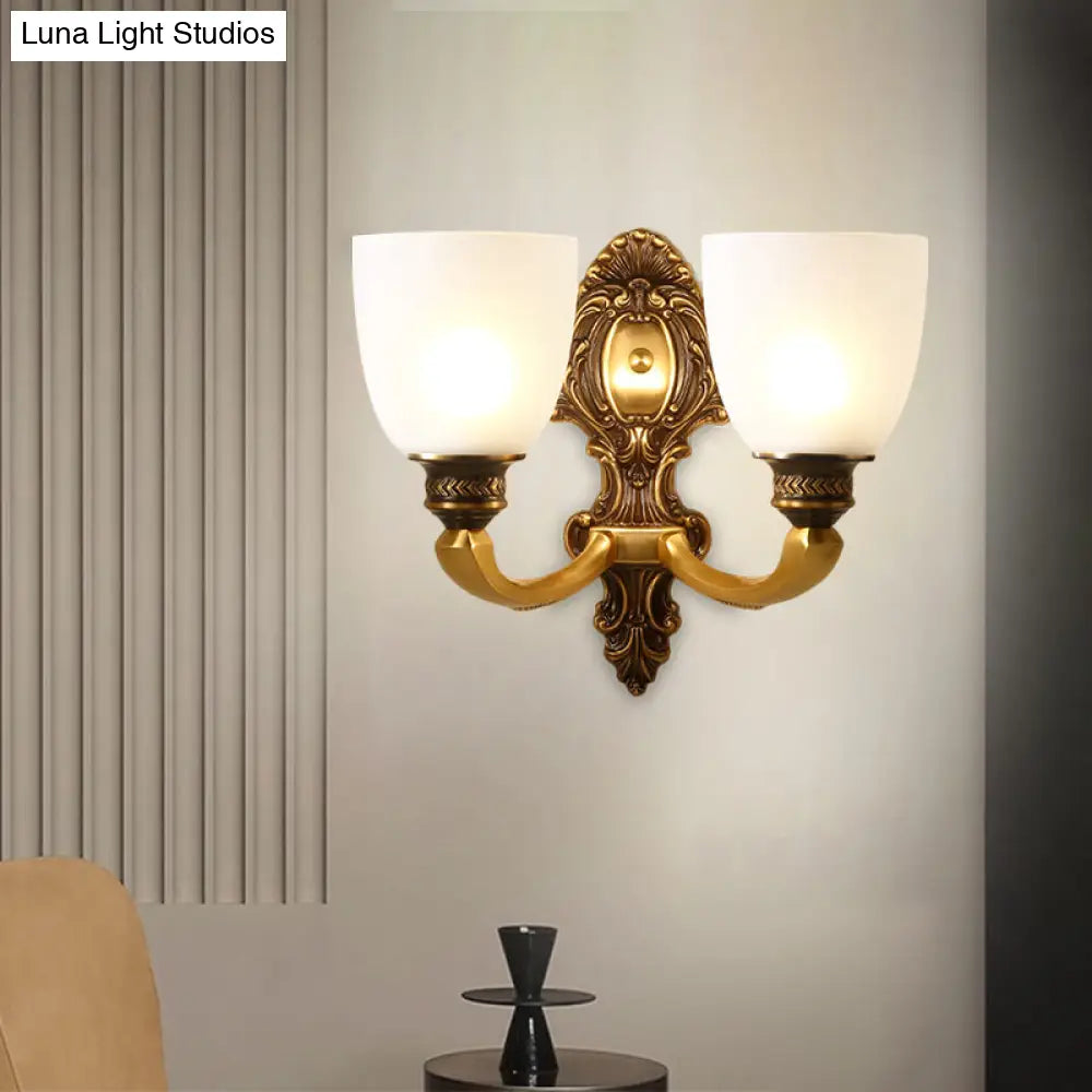 Country White Glass Wall Sconce Light - 2-Head Brass Fixture Inverted Bell Design 5/14 Wide