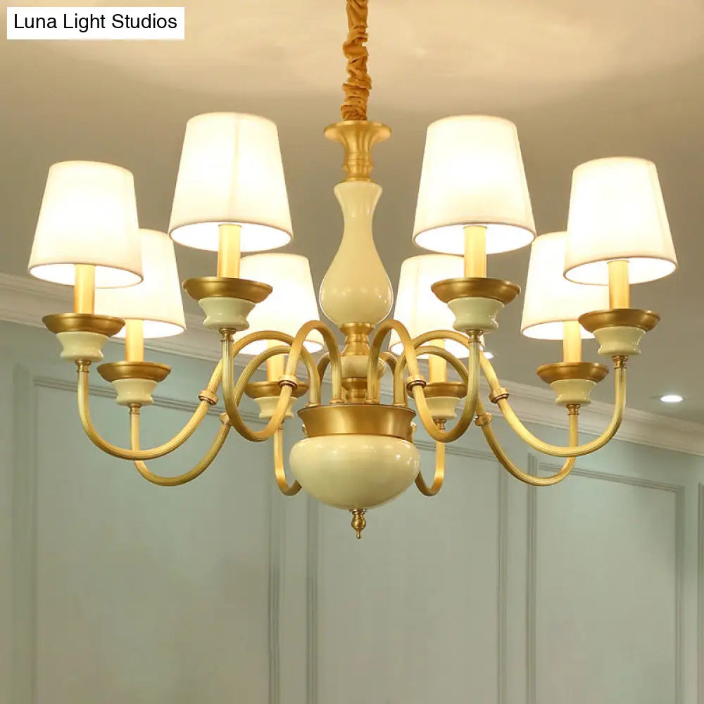 Countryside Ceramic Candelabra Chandelier Pendant Lamp With Fabric Cone Shade - 3/6/8-Bulb Bedroom