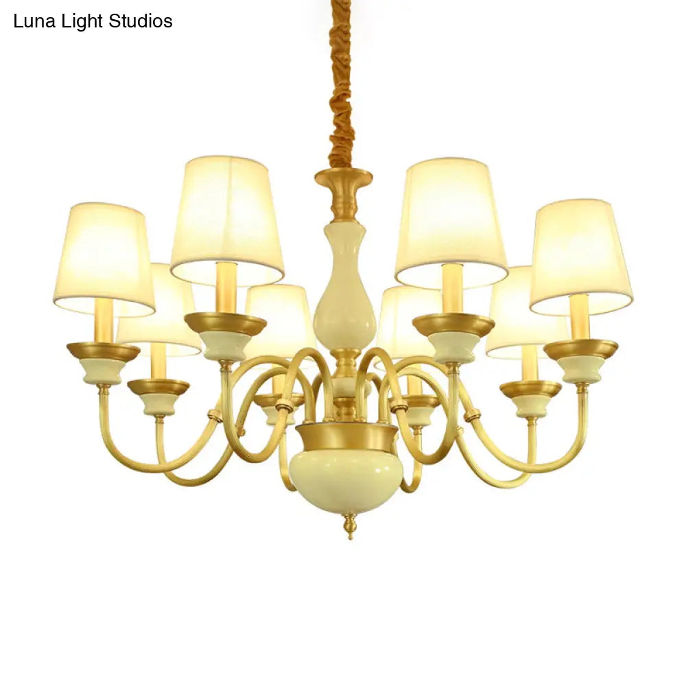 Countryside Ceramic Candelabra Chandelier Pendant Lamp With Fabric Cone Shade - 3/6/8-Bulb Bedroom