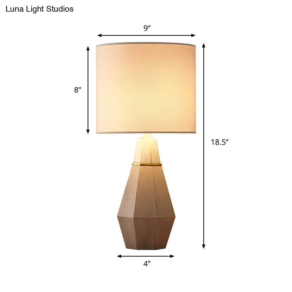Countryside Fabric Bedside Night Lamp: Cylindrical Table Light With Resin Diamond Base - White 1