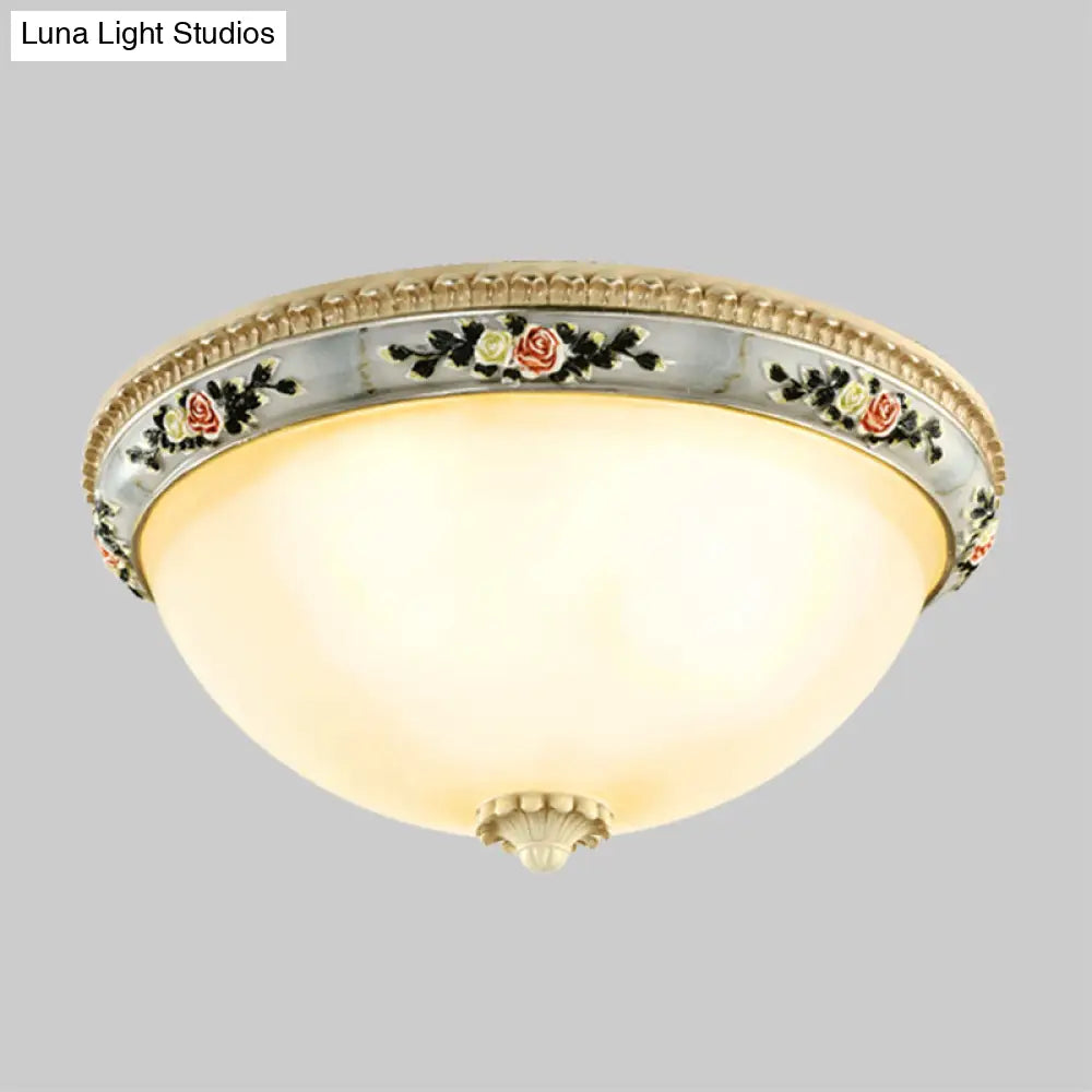 Countryside Opal Glass Grey Flush Mount Dome Ceiling Light Fixture With Floral Trim Decor - 2/3