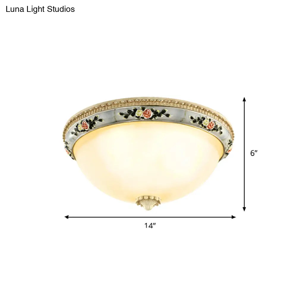 Countryside Opal Glass Grey Flush Mount Dome Ceiling Light Fixture With Floral Trim Decor - 2/3