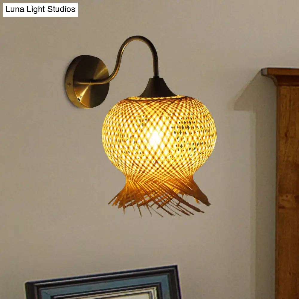 Countryside Rattan Wall Sconce With 1 Beige Light - Handcrafted For Bedroom (Down/Up)