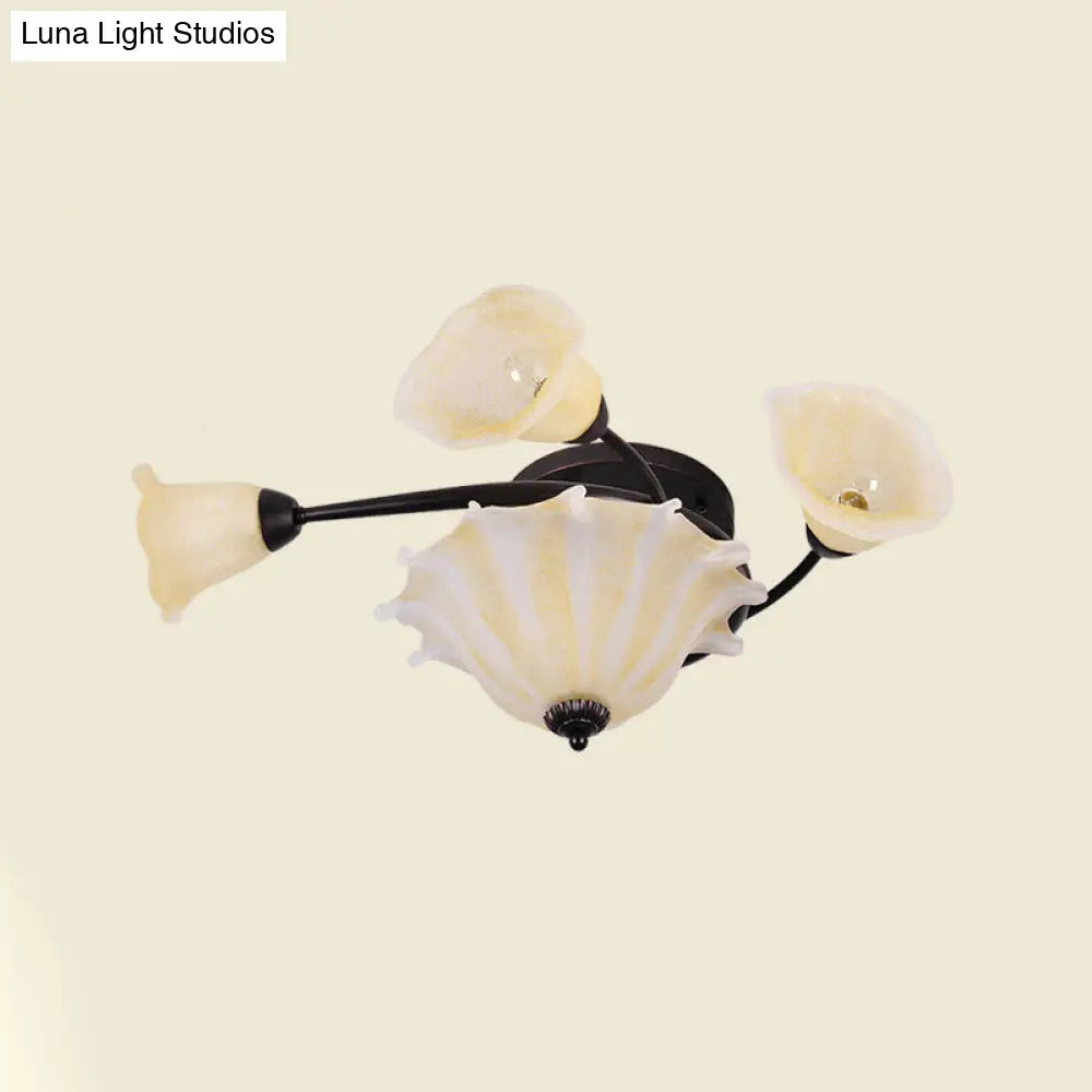 Countryside Whirled Frosted Glass Flush Mount Ceiling Lighting In Black - 3 - Light Lamp