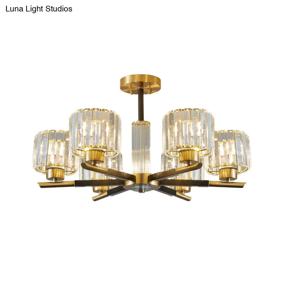 Crystal Block Ceiling Light With 3/6 Semi - Mounted Cylinder Lights In Black And Gold