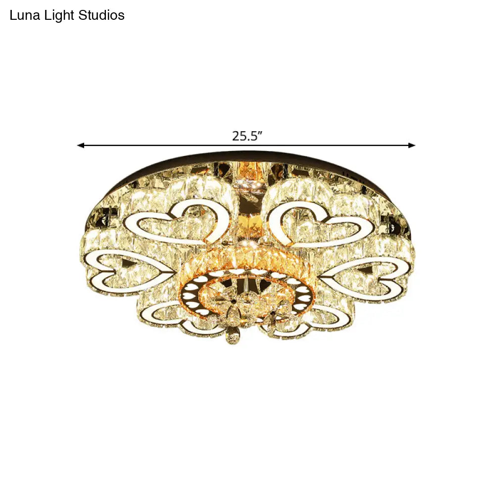 Crystal Block Flush Mount Ceiling Light With Chrome Heart - Shaped Led For Contemporary Sitting Room
