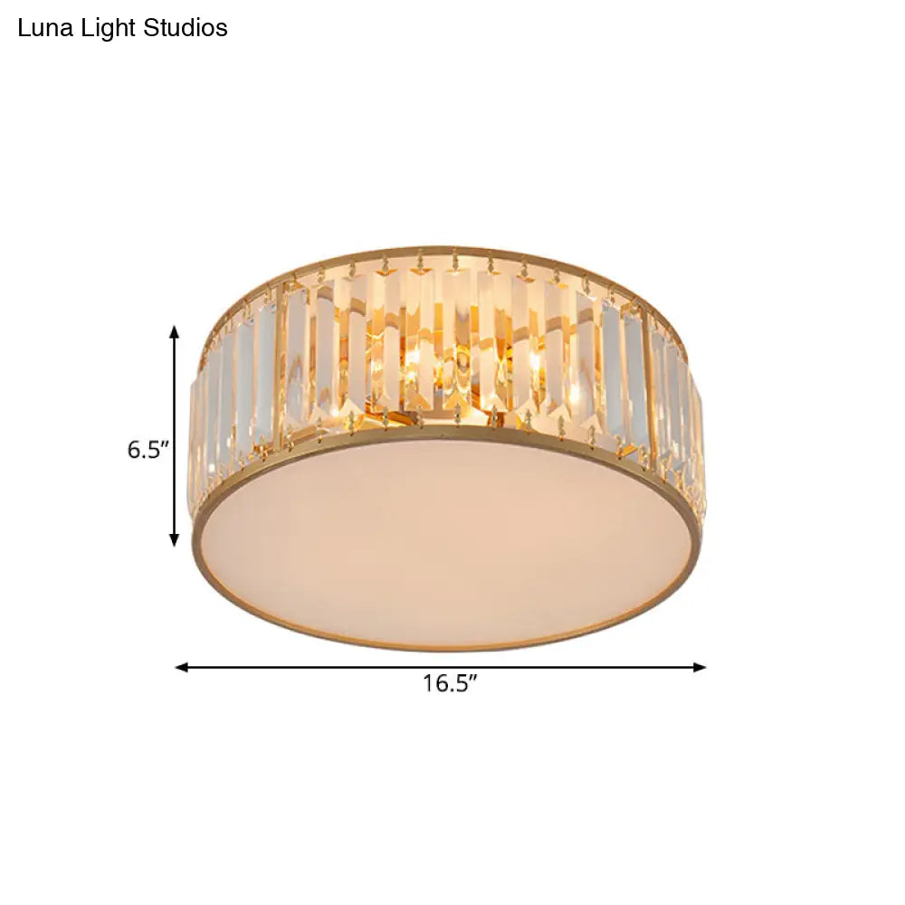 Crystal Flush Mount Lighting With Drum Shade - Gold 3/4/5 Lights 12.5’/16.5’/20.5’ Wide