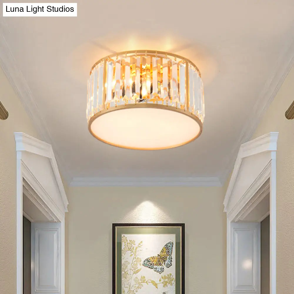 Crystal Flush Mount Lighting With Drum Shade - Gold 3/4/5 Lights 12.5’/16.5’/20.5’ Wide