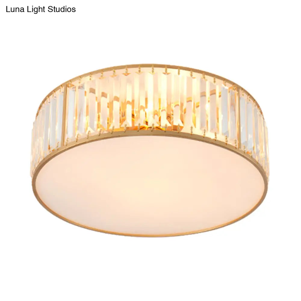 Crystal Flush Mount Lighting With Drum Shade - Gold 3/4/5 Lights 12.5’/16.5’/20.5’ Wide