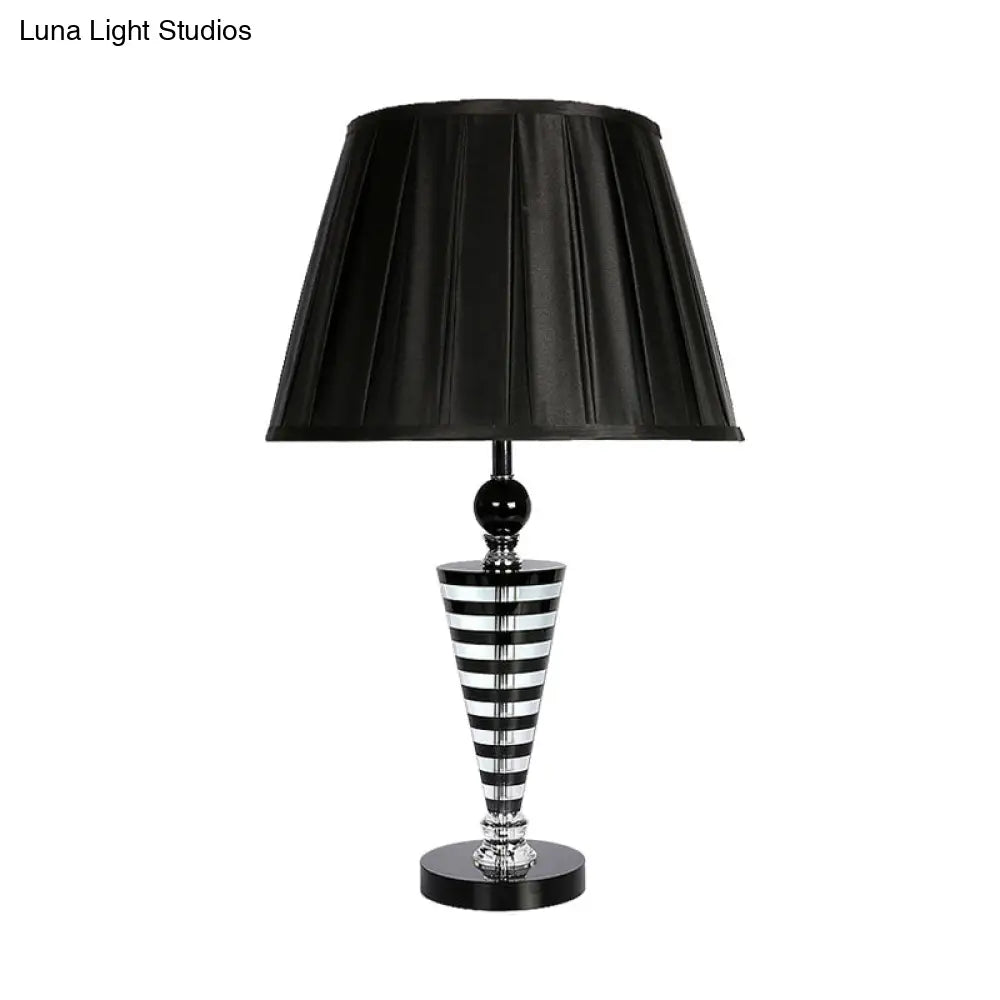 Crystal Night Lamp - Black Conical Nightstand Light With Fabric Shade For Bedroom
