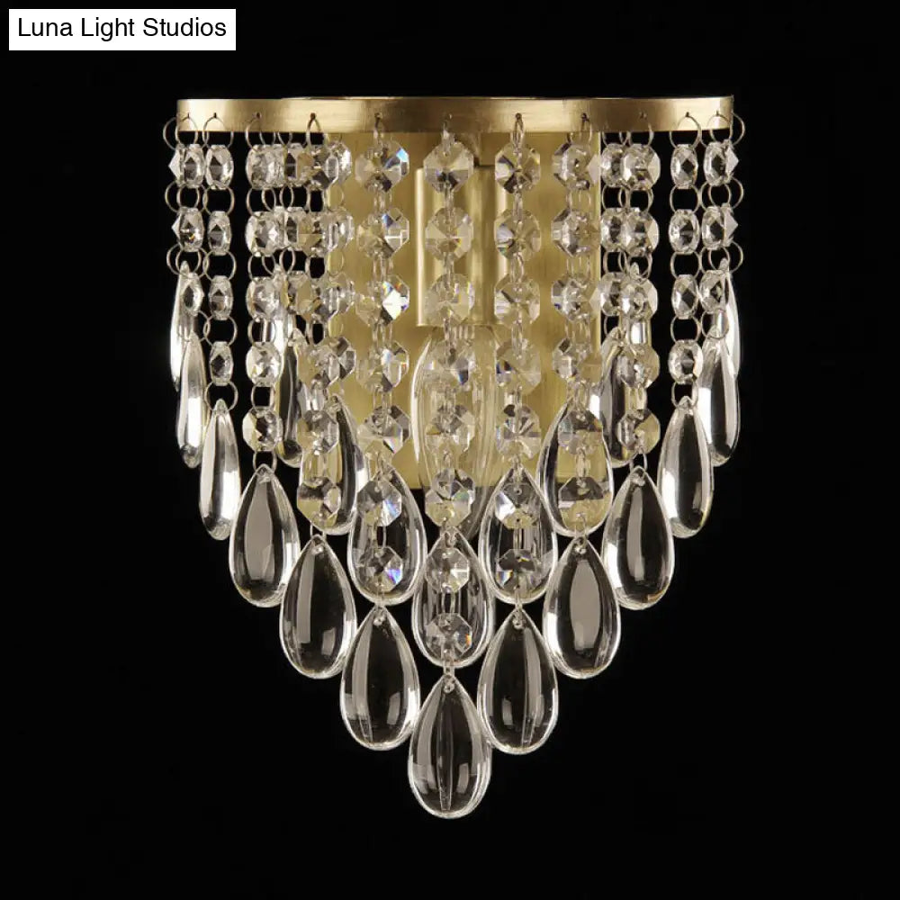 Crystal Raindrop Wall Sconce Light Fixture - Elegant Brass Cone Design For Living Room Lighting