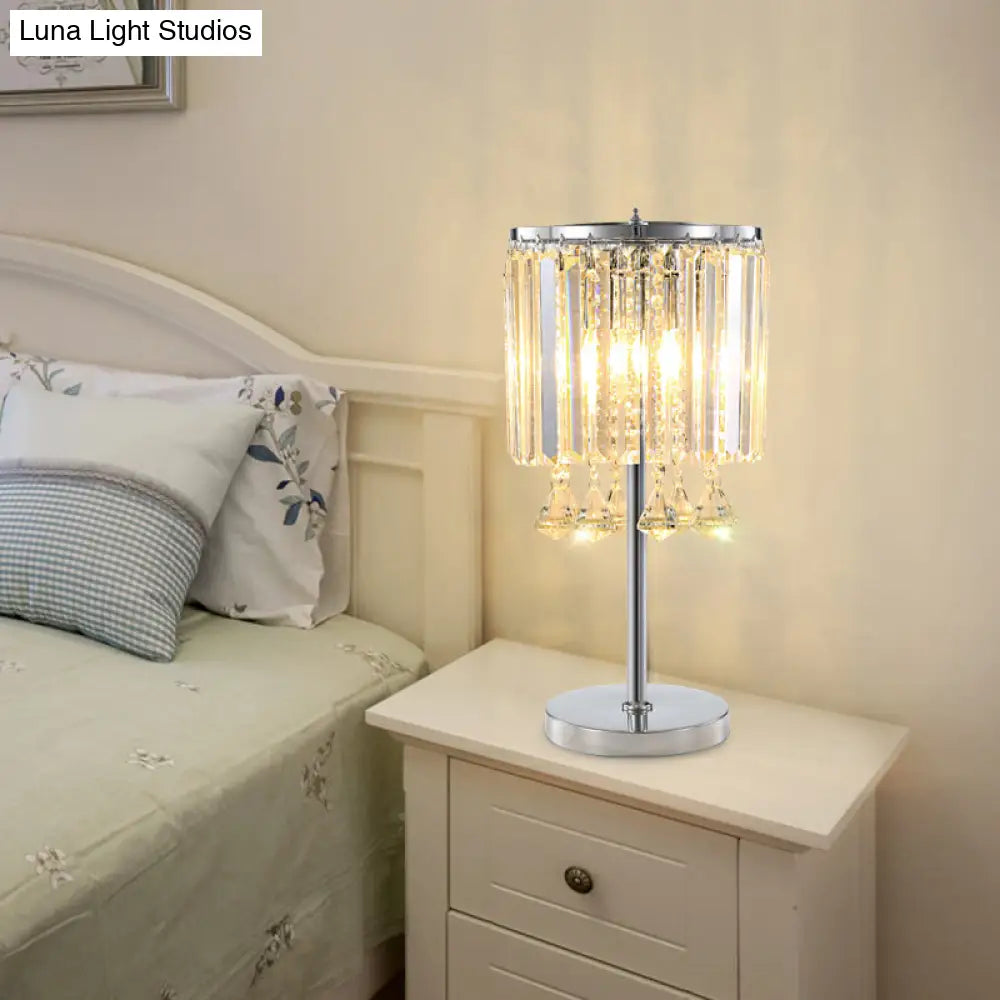 Crystal Teardrop Chrome Table Lamp With Modern Faceted Drum Shades - 2 Head Task Light