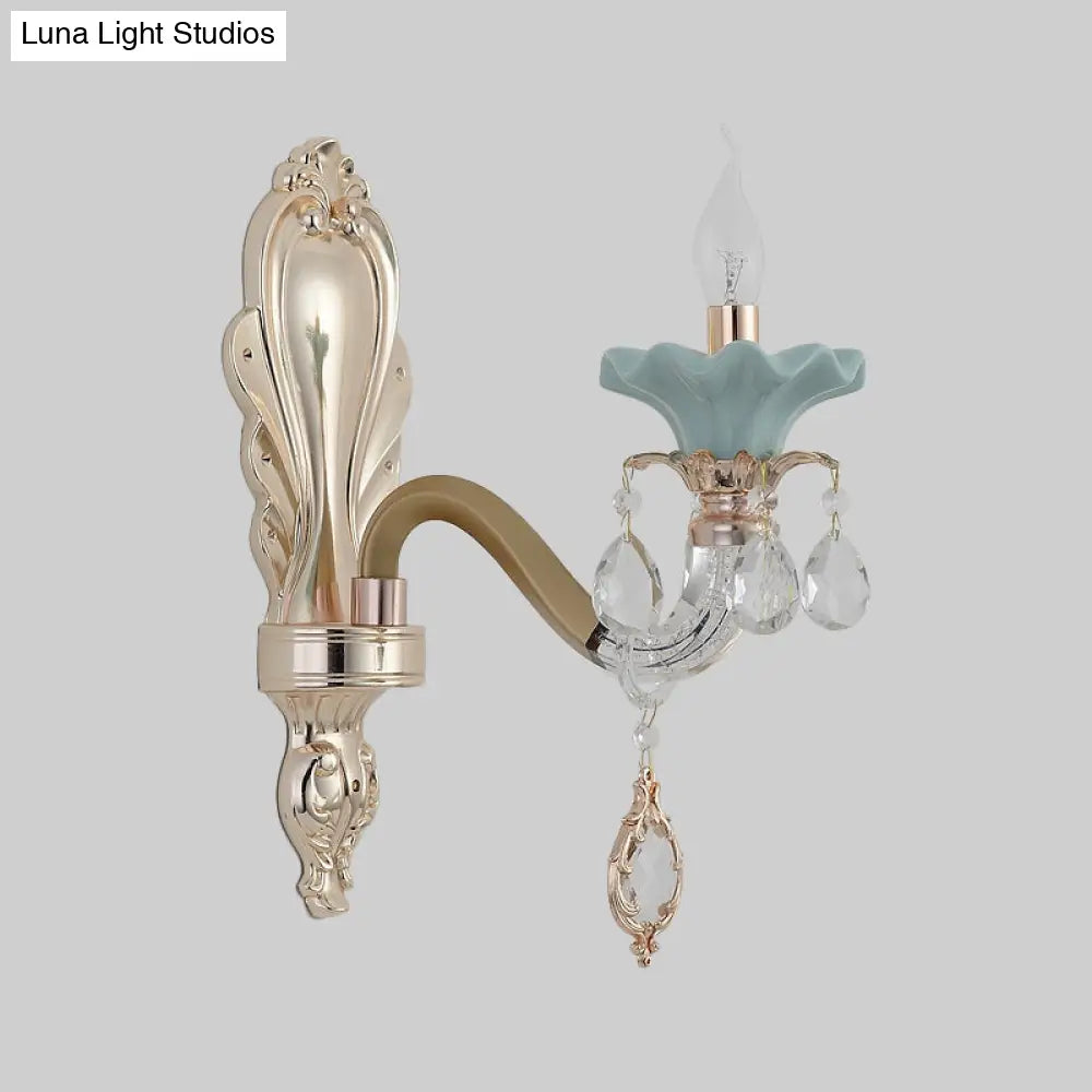 Crystal Wall Mount Candle Light Fixture In Elegant Gold Finish