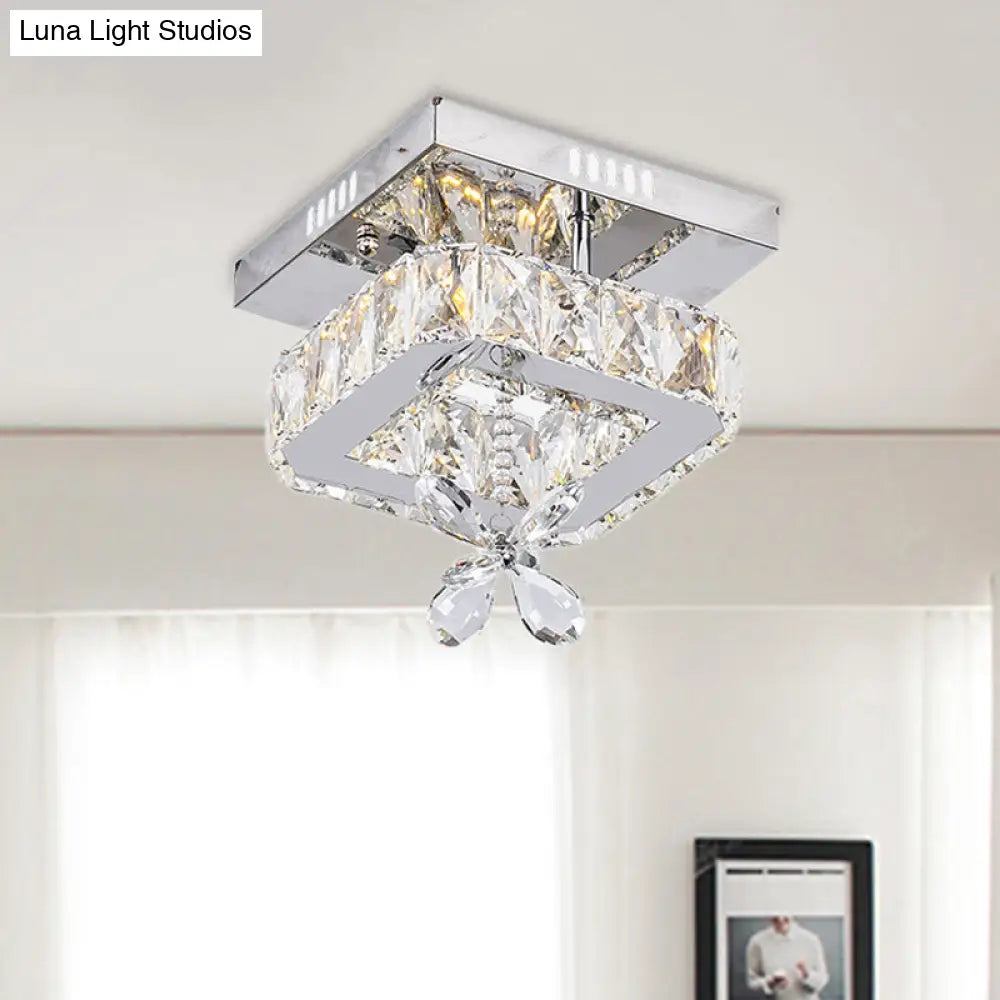 Cubic Crystal Led Bedroom Ceiling Light Fixture - 8’/12’ Width Semi Flush Mount Chrome Finish