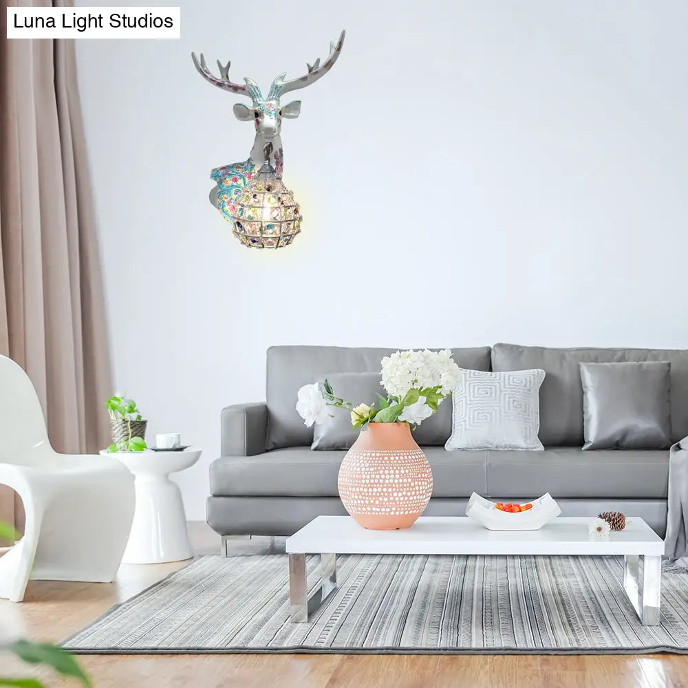 Deer Sconce 1-Light Resin Wall Mount Lighting In Black/Pink/Yellow With Crystal Shade - Bedroom