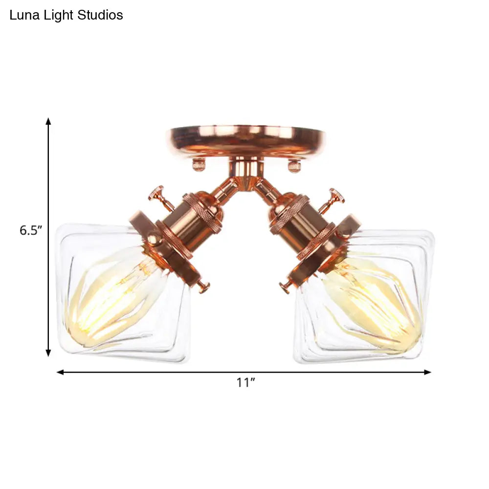 Diamond Amber/Clear Glass Semi Mount Farmhouse Light Fixture - 2 - Light Flush Black/Bronze Design