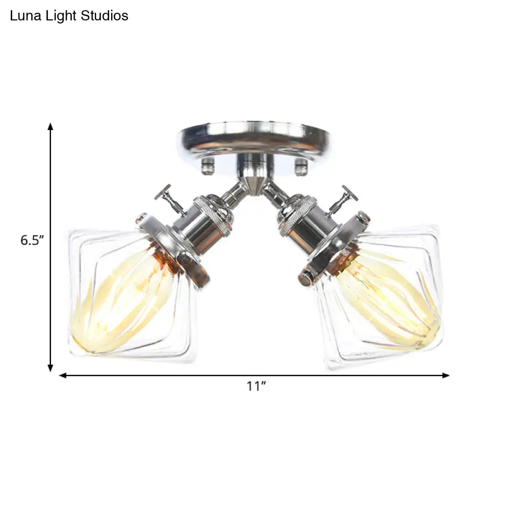 Diamond Amber/Clear Glass Semi Mount Farmhouse Light Fixture - 2 - Light Flush Black/Bronze Design