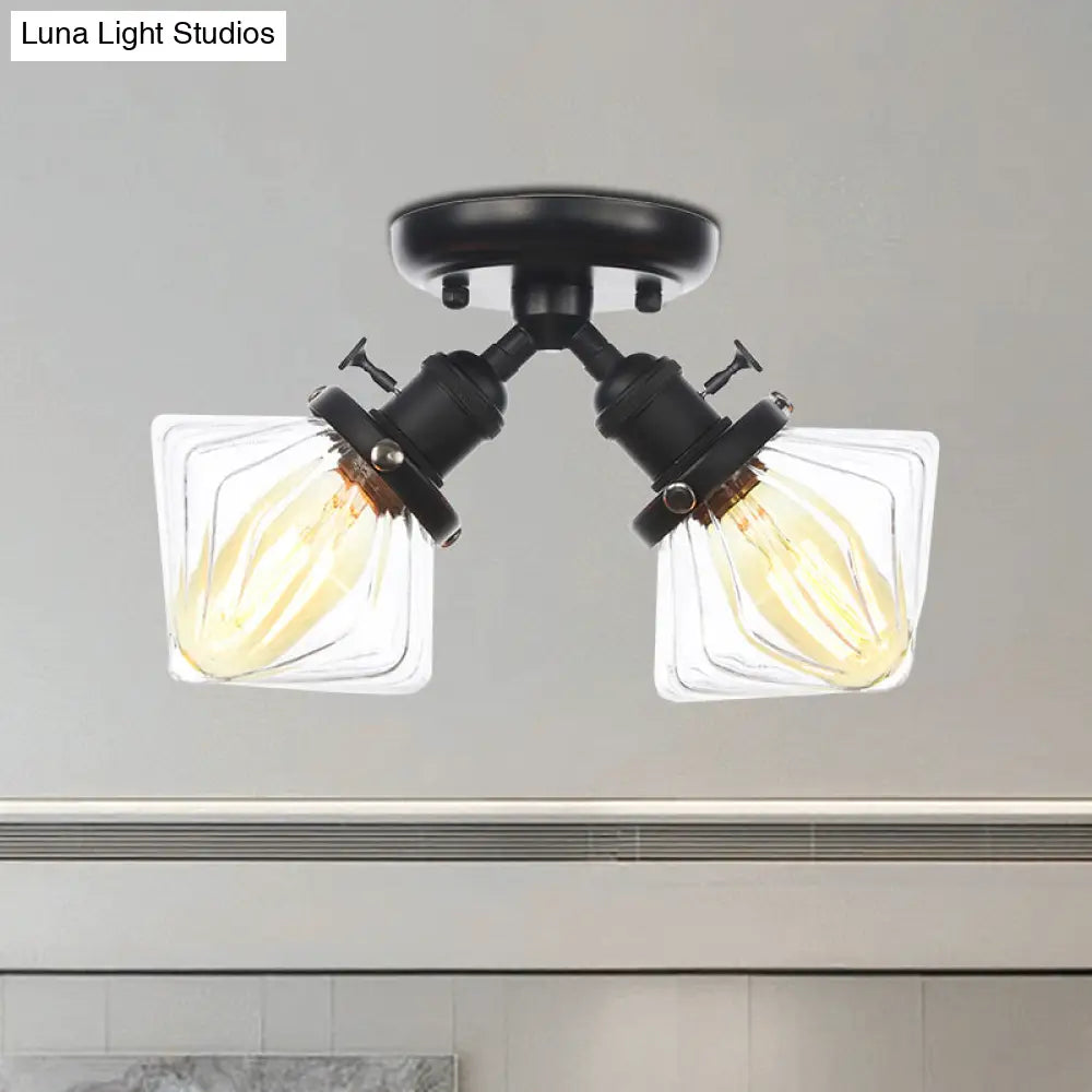 Diamond Amber/Clear Glass Semi Mount Farmhouse Light Fixture - 2 - Light Flush Black/Bronze Design