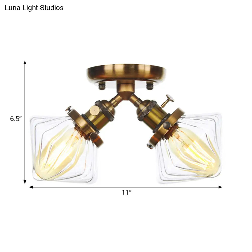 Diamond Amber/Clear Glass Semi Mount Farmhouse Light Fixture - 2 - Light Flush Black/Bronze Design
