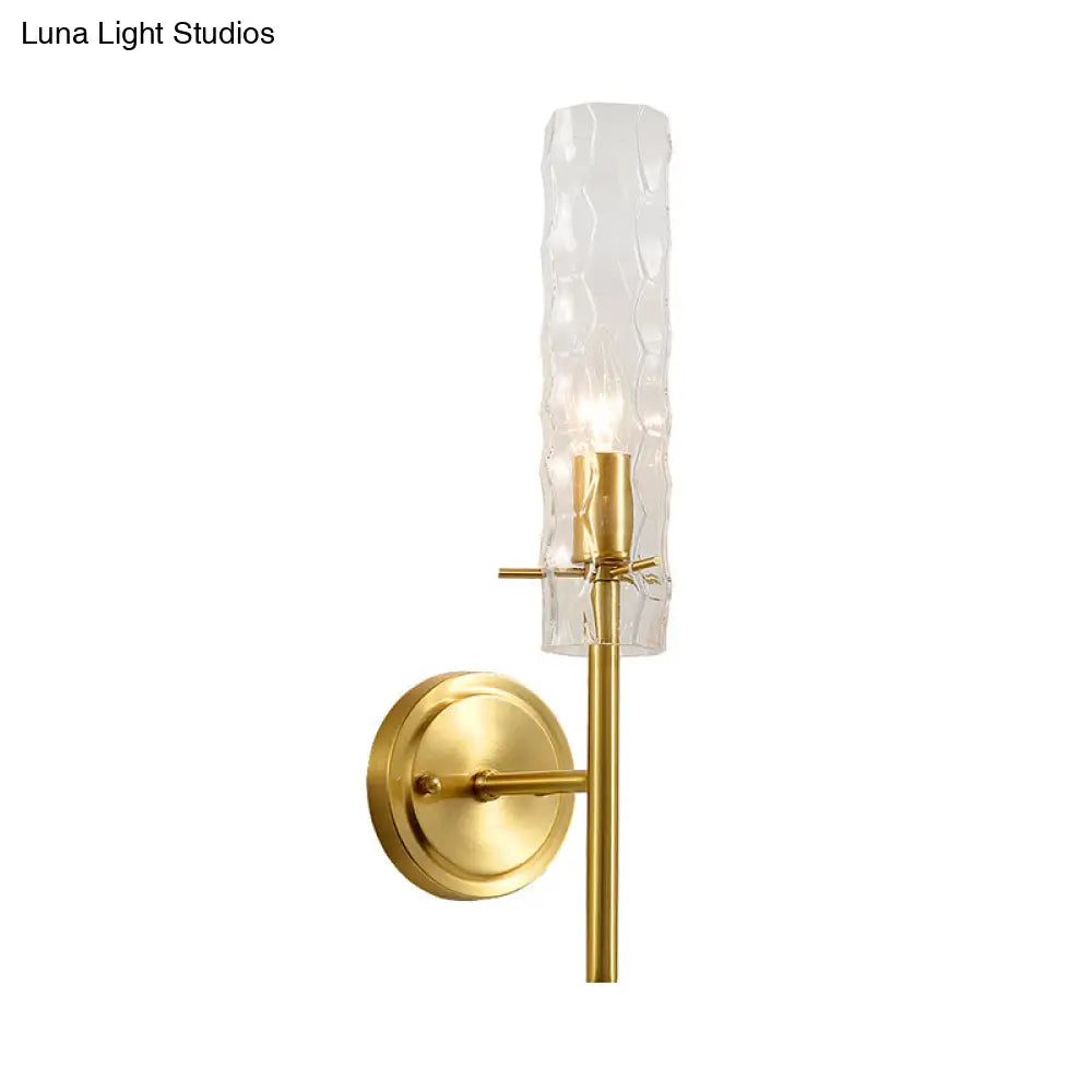 Dimpled Blown Glass Cylinder Wall Sconce - Modern 1 Bulb Brass Light Fixture
