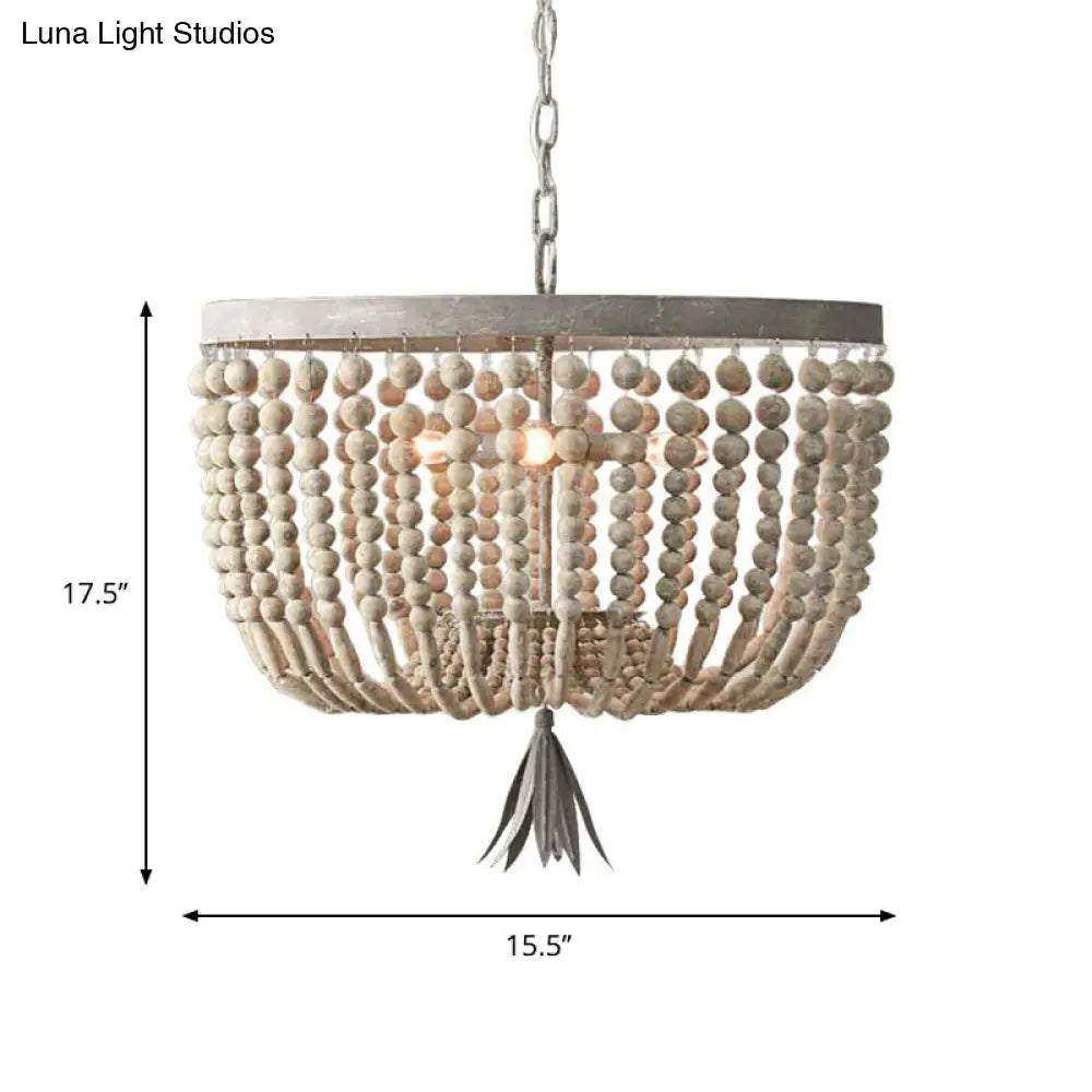 Distressed White Wood Hanging Chandelier For Classic Living Rooms - Caged Suspension Pendant Light