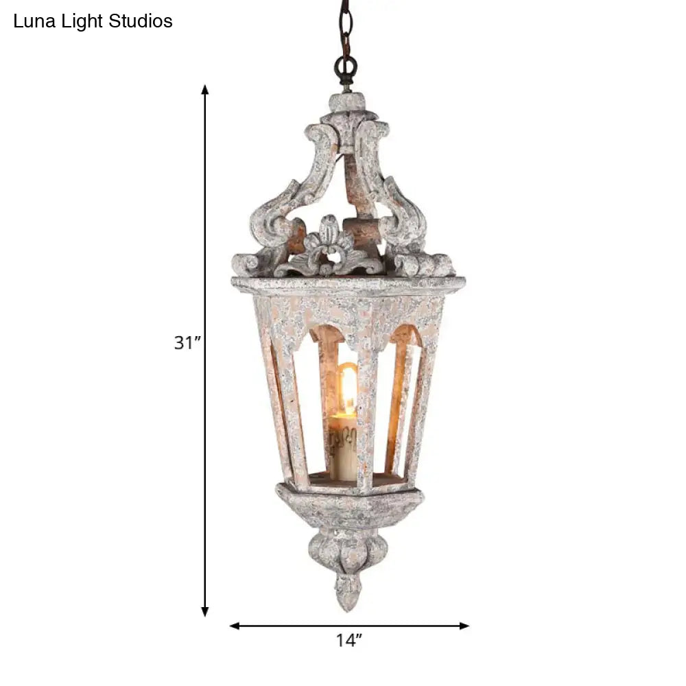 Distressed White Wooden Lantern Ceiling Light - Vintage Pendant Kit For Dining Room