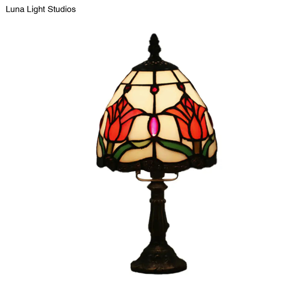 Dome-Shaped Baroque Style Nightstand Lamp - Stained Glass With Blossom Pattern In Red/Pink/Orange