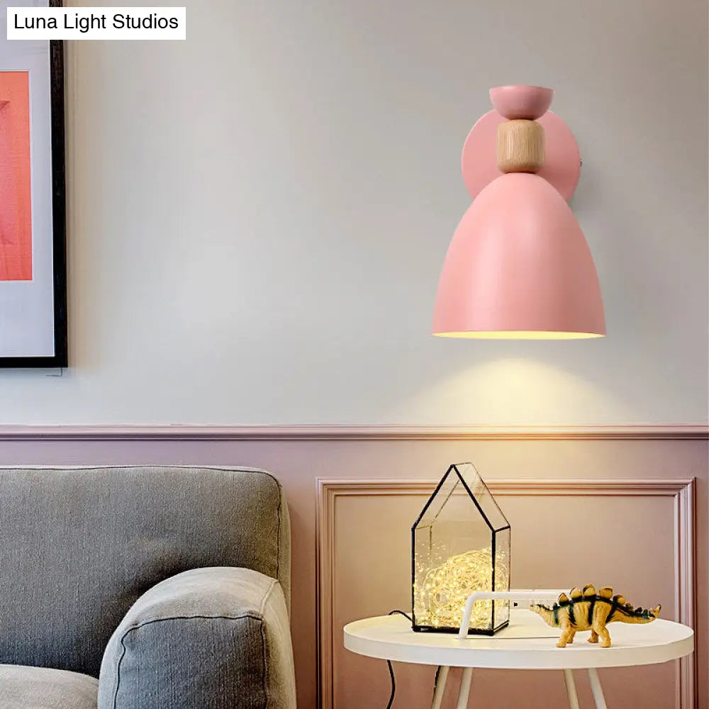 Dome-Shaped Metallic & Wooden Macaroon Wall Sconce Light For Kids Bedroom