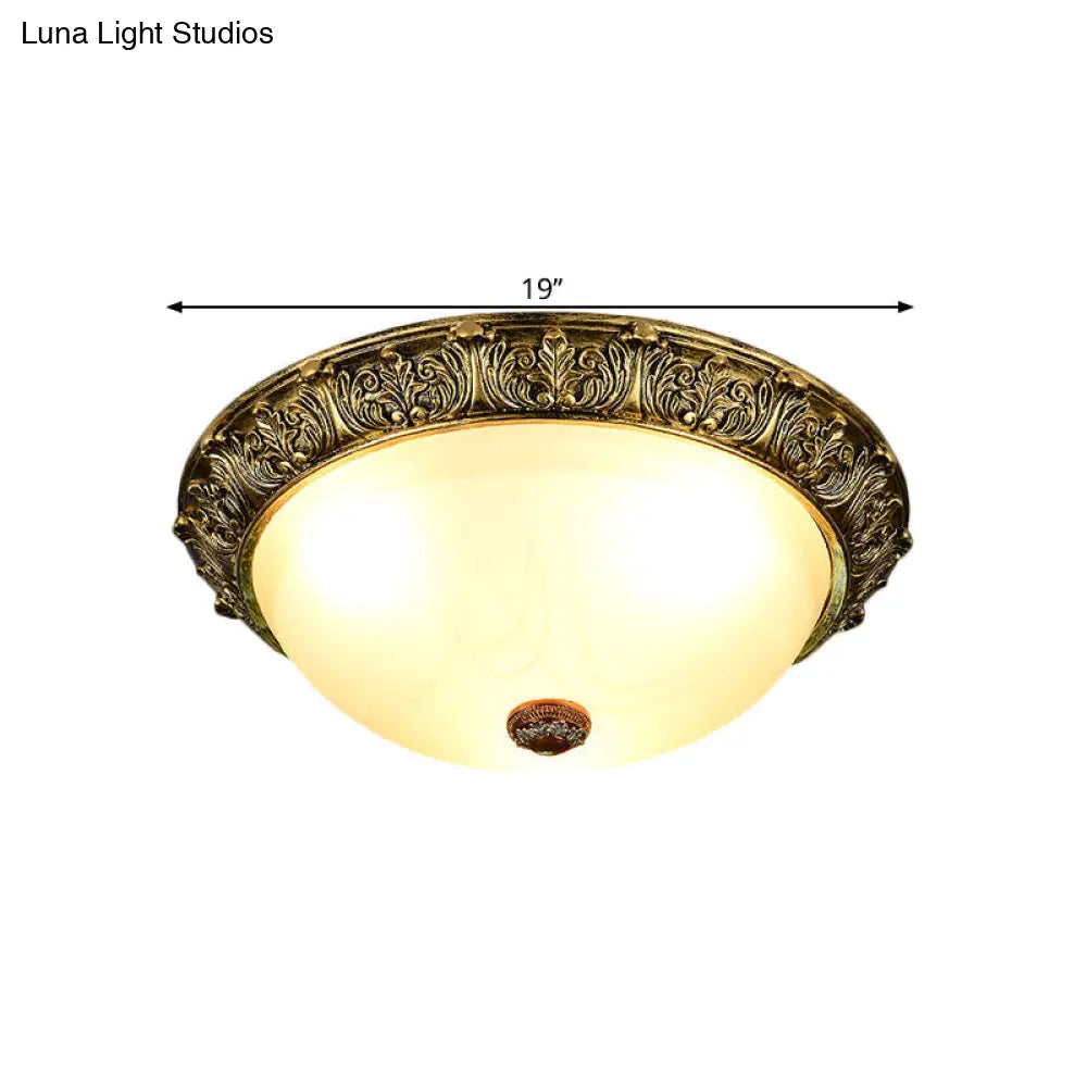 Dome Shaped Rustic Flush Mount Lighting With Opaline Glass In White/Brass - Available