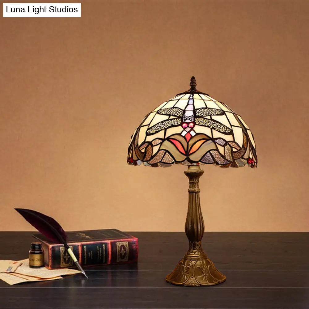 Dragonfly Table Light: Baroque 1-Light Stained Glass Night Lamp In Bronze With Bowl Shade