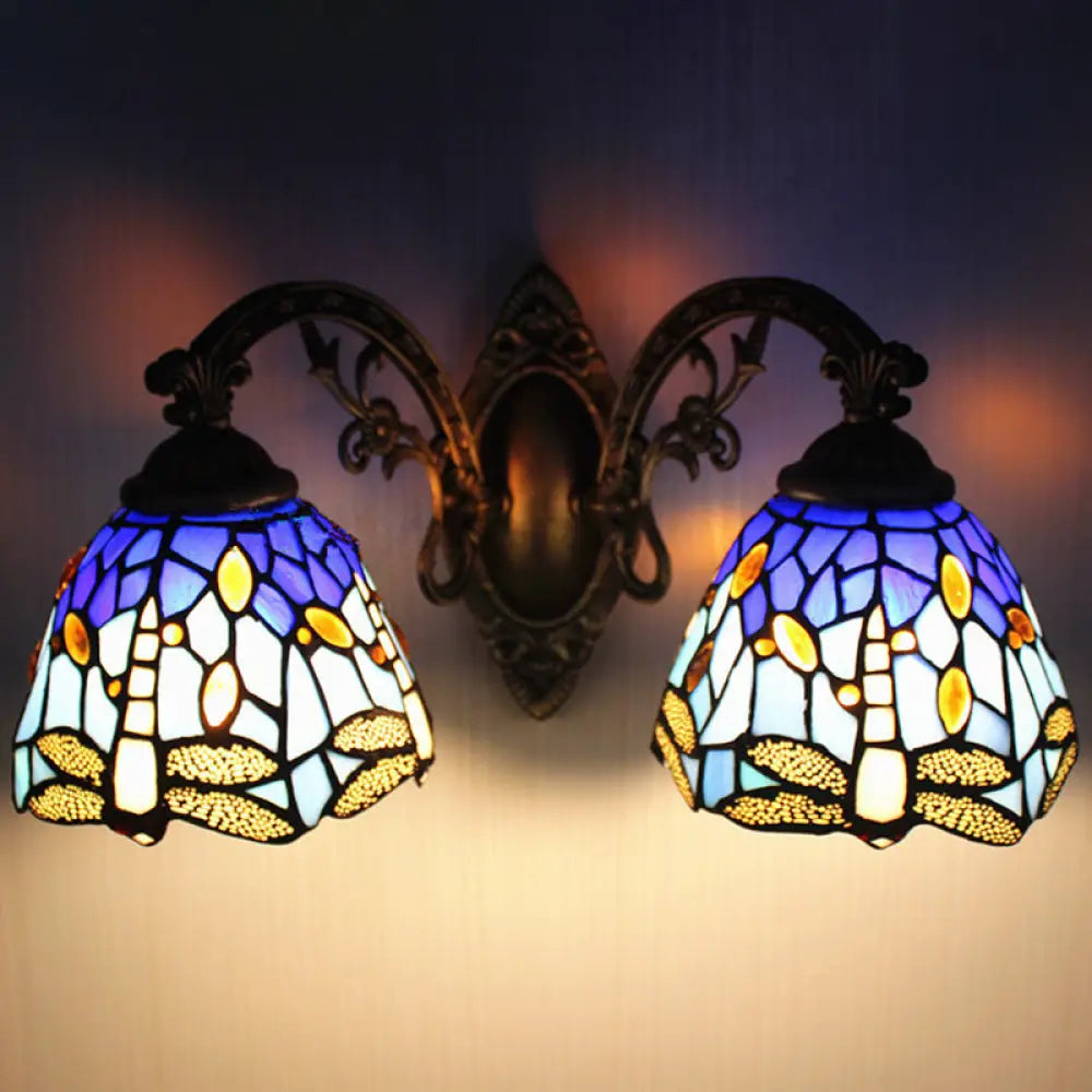 Dragonfly Tiffany Vanity Lamp - Elegant 2-Light Wall Sconce For Mirror Cabinet Blue