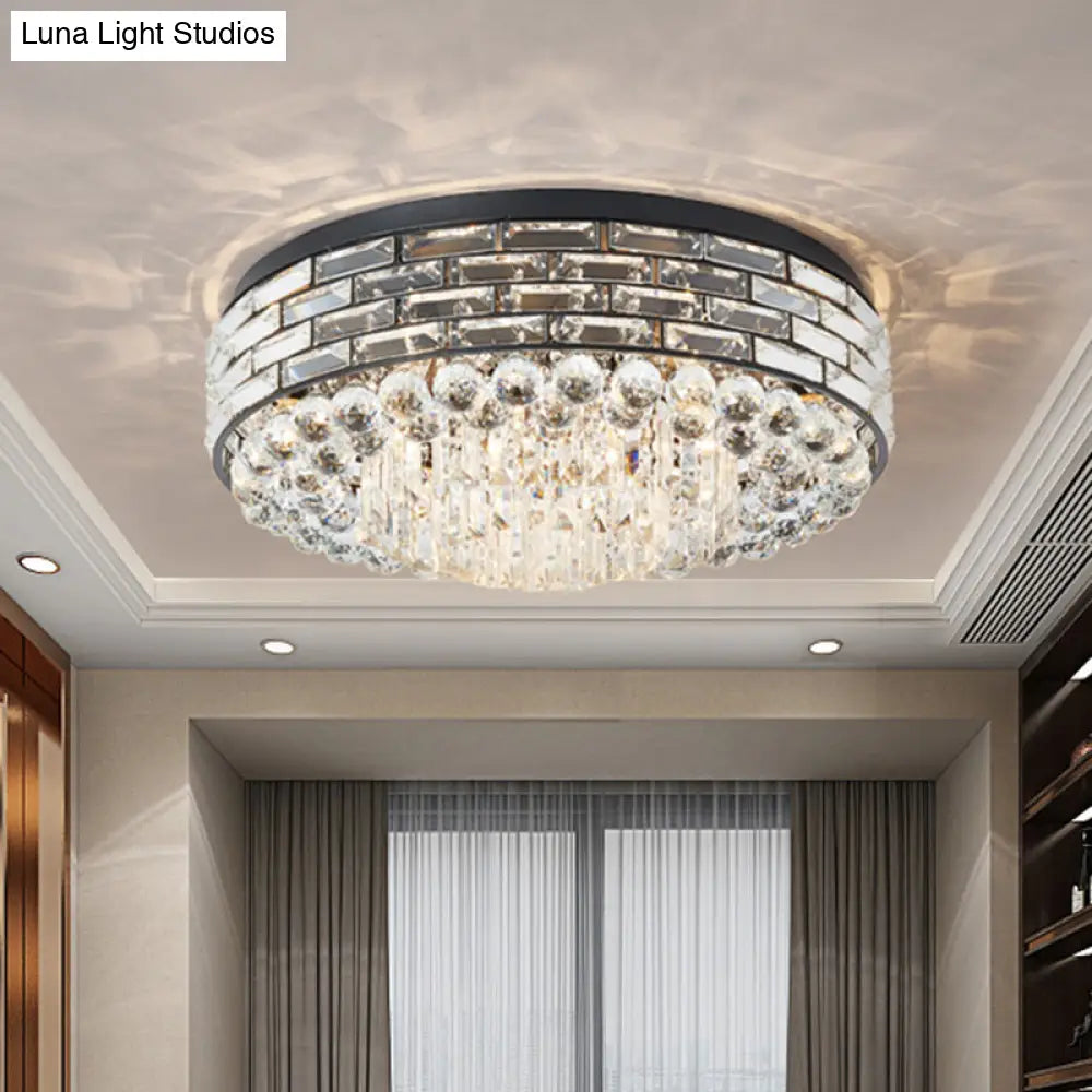 Drum Ceiling Mount Light Modern Black Canopy With Clear Crystal Draping 7/9 Bulbs Flushmount
