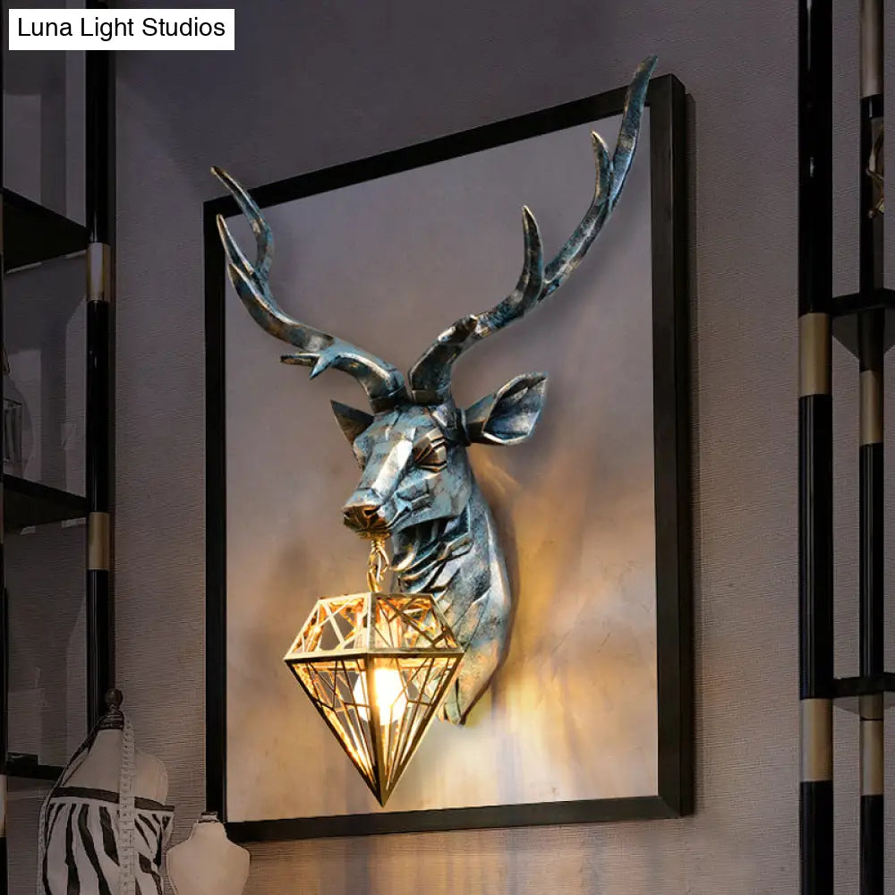 Elk Resin Wall Sconce Lamp - Lodge Style Indoor Bronze Mount Light With Diamond Cage Shade 14.5/19.5