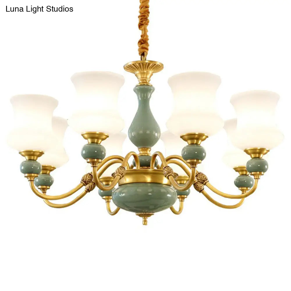 Emerald Green-Gold Retro Vase Chandelier: Opal Frosted Glass Pendant Light For Dining Room