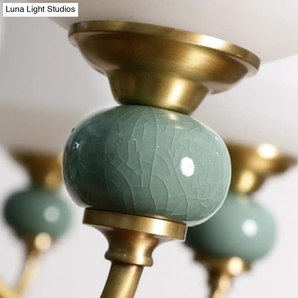 Emerald Green-Gold Retro Vase Chandelier: Opal Frosted Glass Pendant Light For Dining Room