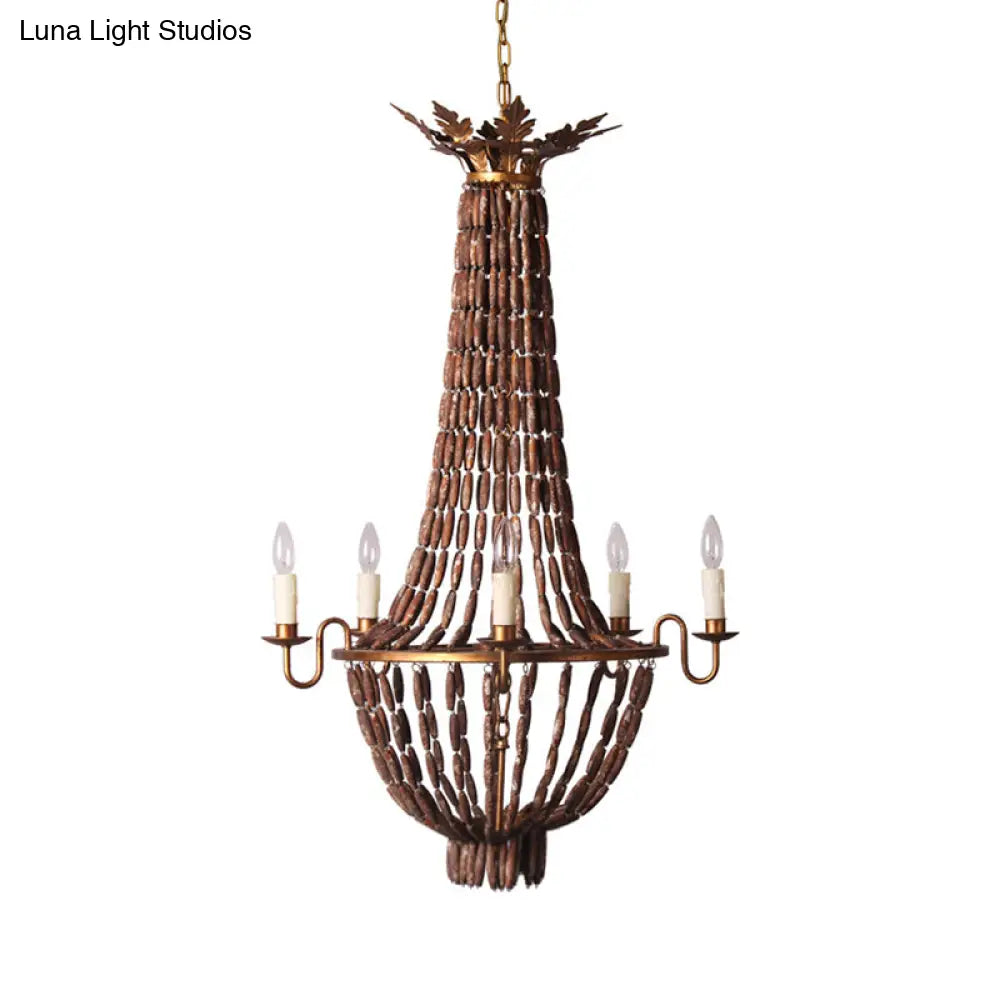 Empire Vintage Wood Chandelier Lighting - 5-Light Red Brown Pendant For Living Room