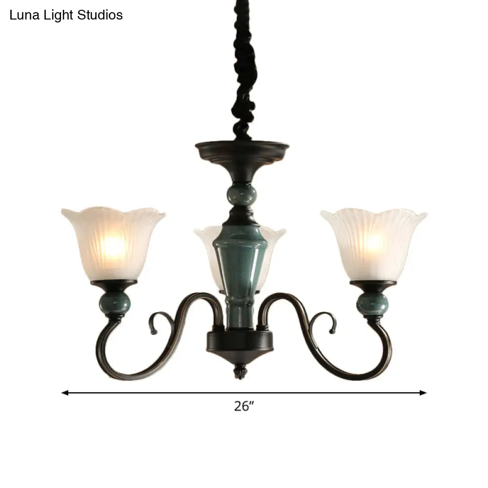 Farmhouse Blossom Up Chandelier - 3/8/12 Frosted Ribbed Glass Ceiling Hang Lights In Blackish Green