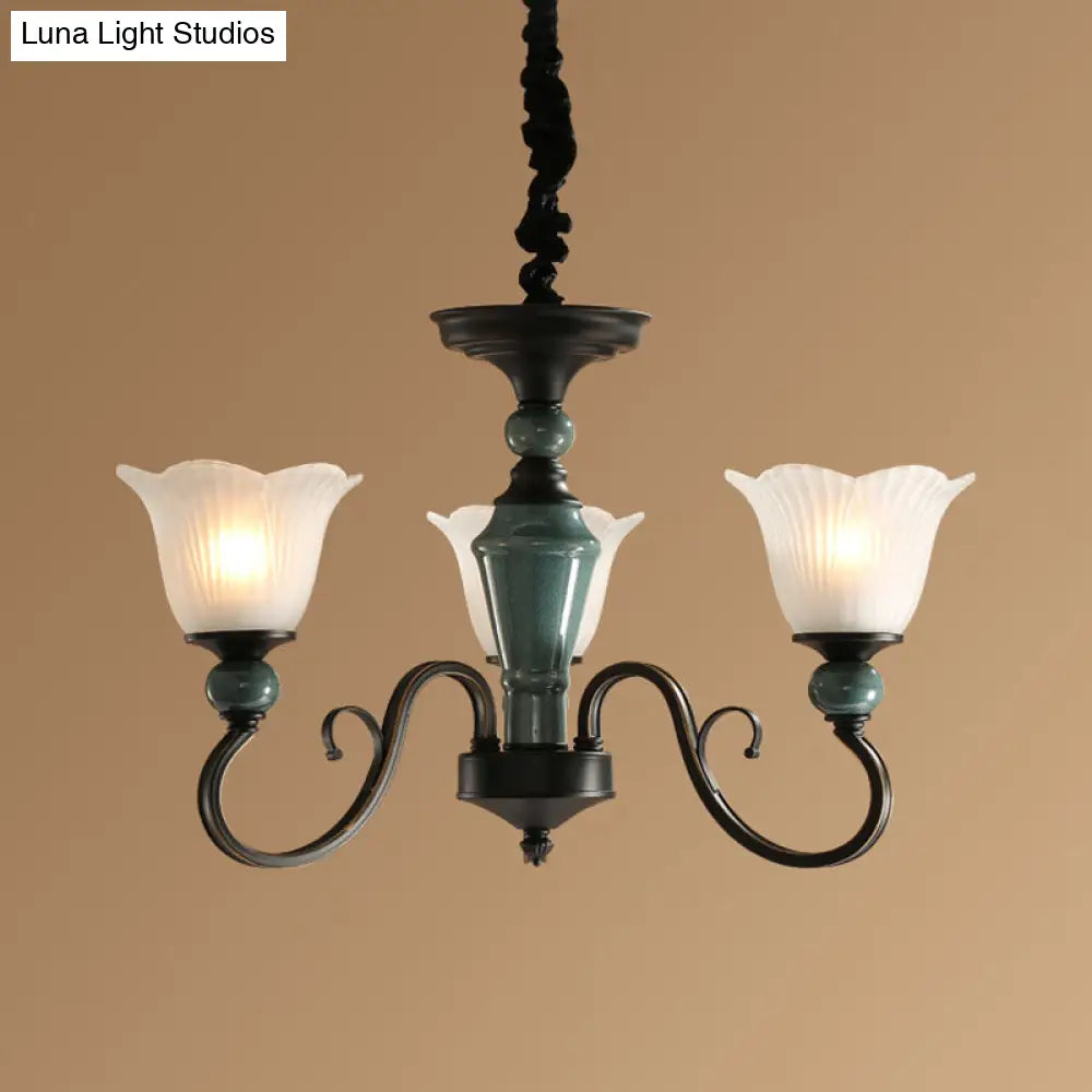 Farmhouse Blossom Up Chandelier - 3/8/12 Frosted Ribbed Glass Ceiling Hang Lights In Blackish Green