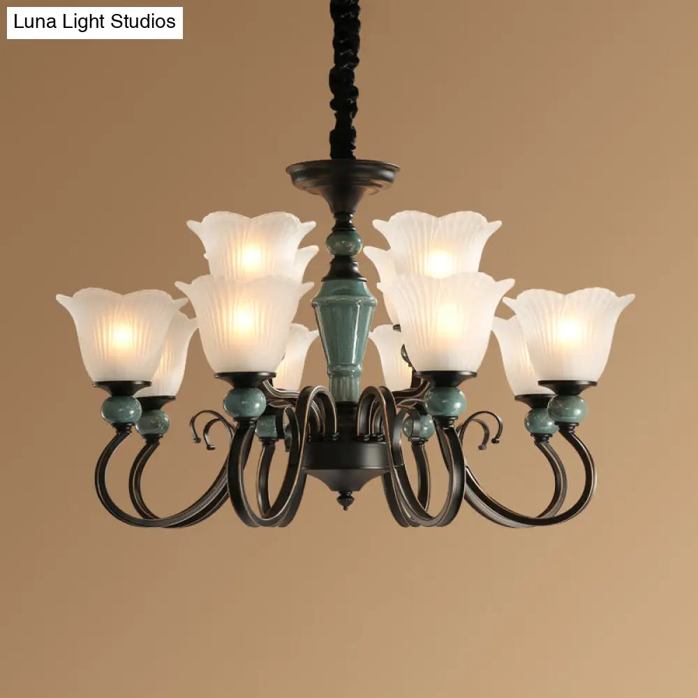 Farmhouse Blossom Up Chandelier - 3/8/12 Frosted Ribbed Glass Ceiling Hang Lights In Blackish Green