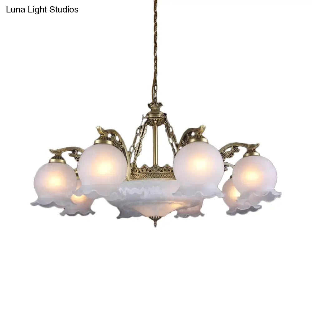 Farmhouse Bronze Chandelier With 11 Ruffled Down Bulbs And White Glass Ceiling Light