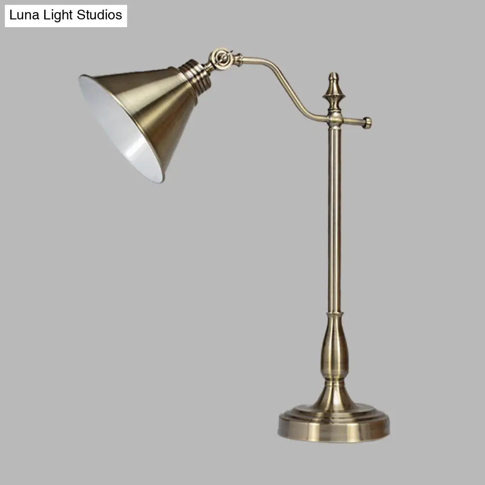 Farmhouse Gold Finish Led Desk Light With Conical Metallic Design - Night Table Lamp Plug-In Cord