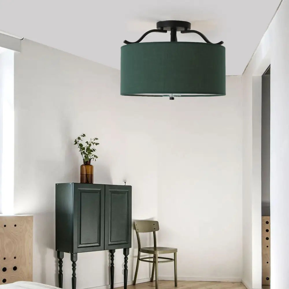Farmhouse Green Round Bedroom Ceiling Light Fixture - 16’/18’/19.5’ Dia 3-Light Fabric Semi