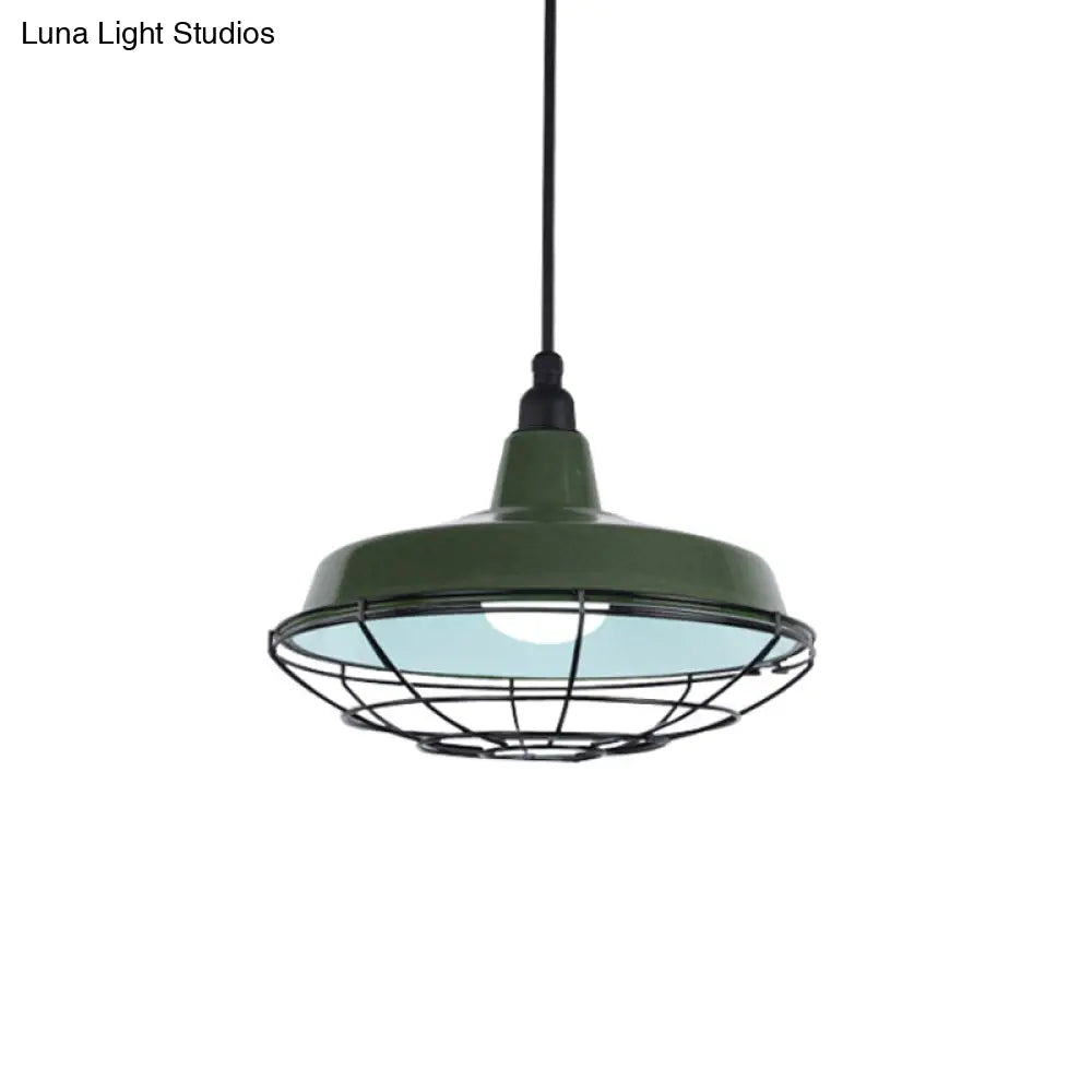 Farmhouse Metal Barn Hanging Ceiling Light - Green/Red Pendant With Wire Guard