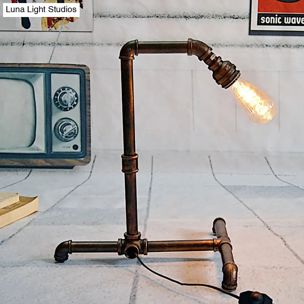 Farmhouse Rust Finish Metal Table Lamp With Curved Pipe Design - 1 Bulb Night Lighting Plug-In Cord