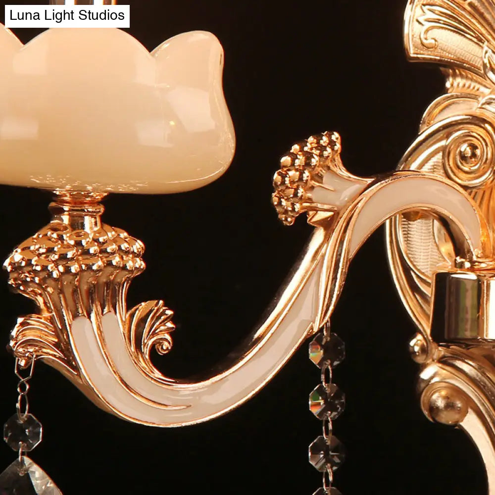 Faux Jade Candle Wall Sconce - Traditional 2-Light Gold Bedroom Lamp With Crystal Deco