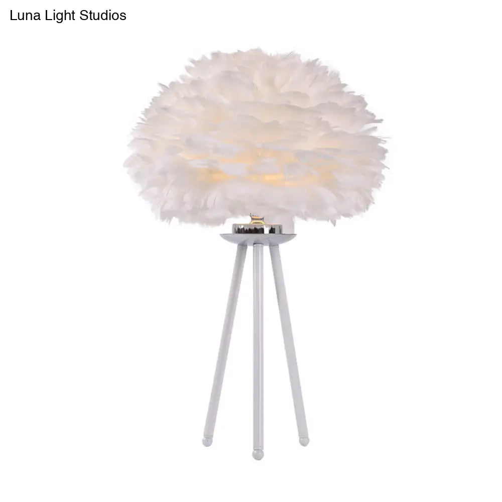 Feather Table Light In White: Modernist Fabric Lamp For Bedside With Tripod Base