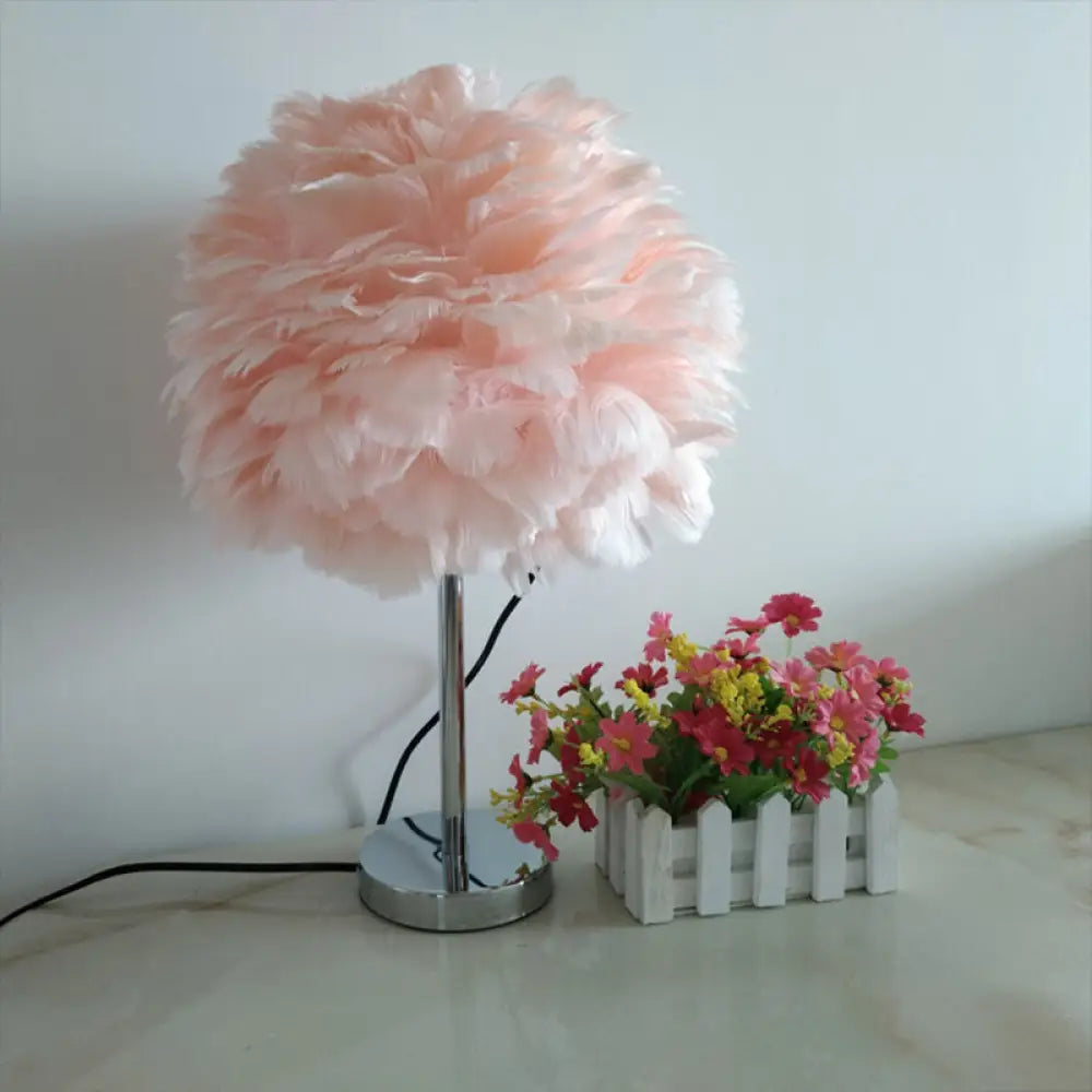 Feathered Modern Artichoke Plug-In Table Light: 1 Light Girls Room Nightstand Lamp (Pink/Grey/White)